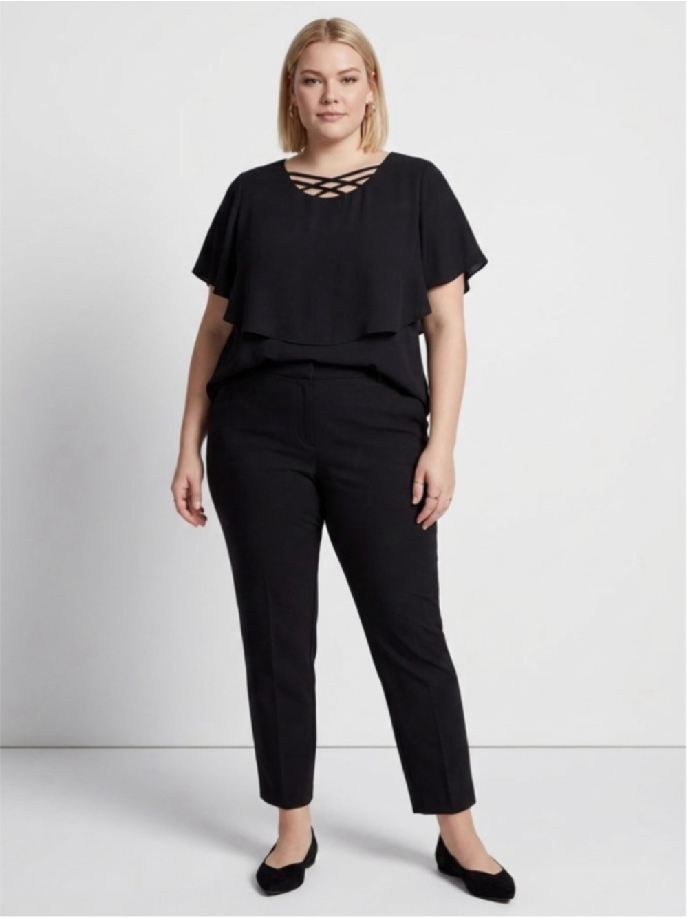 COCO BIANCO Black Blouse XL Cold Shoulder Strappy Cage Neck Layered Ruffle Top - Picture 2 of 6